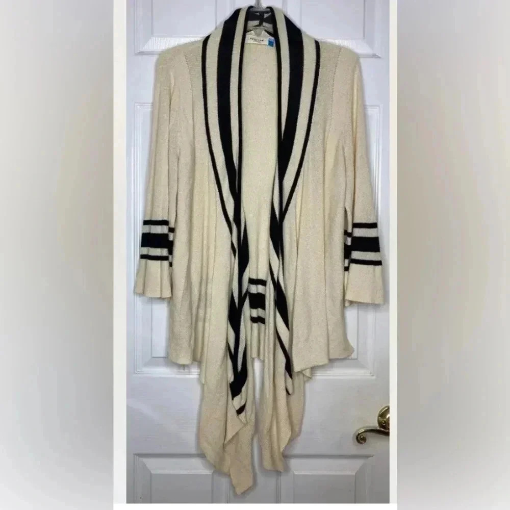 SPARROW ANTHROPOLOGIE cream Black Stripe Open Front L/s Cardigan Sweater Large